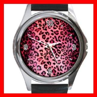 PINK LEOPARD Skin Print Round Metal Wrist Watch Unisex 039