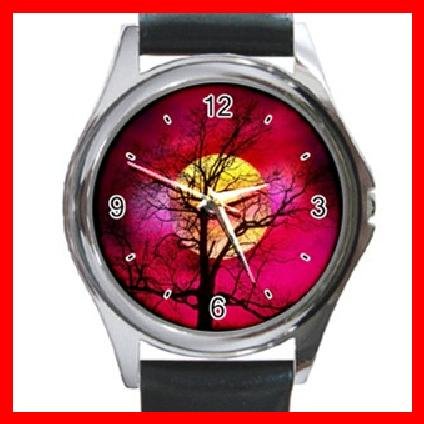 Red Sunset Tree Round Metal Wrist Watch Unisex 040