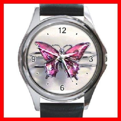 Pink Butterfly Fly Hobby Round Metal Wrist Watch Unisex 041
