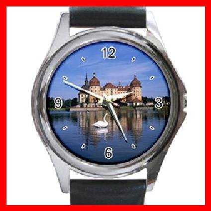 Castle Around Lake White Swan Round Metal Wrist Watch Unisex 044