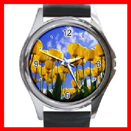 Yellow Tulips Flower Blue Sky Round Metal Wrist Watch Unisex 045