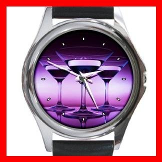 Wine Glass Purple Round Metal Wrist Watch Unisex 086