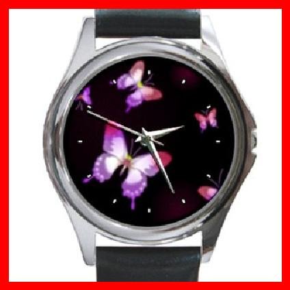 Pink Butterfly Round Metal Wrist Watch Unisex 130