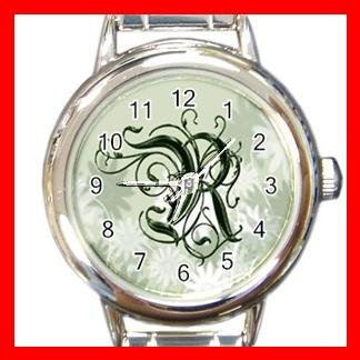 Green Floral Monogram "R" Round Charm Wrist Watch New!