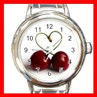 Two Cherrys Heart Round Charm Wrist Watch Fruit New!!!