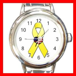 Yellow Ribbon American Flag Round Charm Wrist Watch