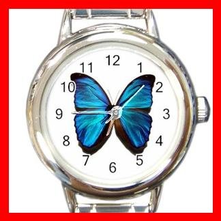 Rare Blue Butterfly Round Charm Wrist Watch Insect Fun