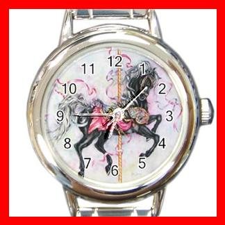 BLACK CAROUSEL HORSE Play Kids Round Italian Charm Wrist Watch 535