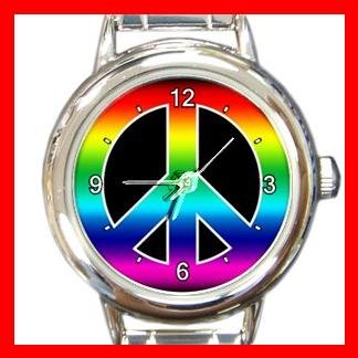 RAINBOW PEACE SIGN Round Italian Charm Wrist Watch 572
