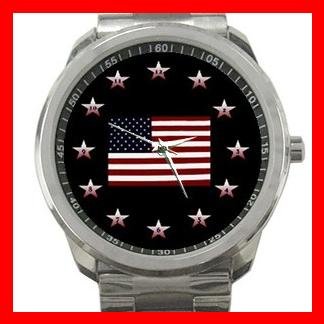 US. Flag Stars Patriotic Silvertone Sports Metal Watch 029