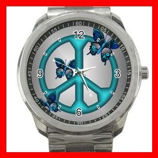 Peaceful Blue Butterflies Peace Silvertone Silvertone Sports Metal Watch 035