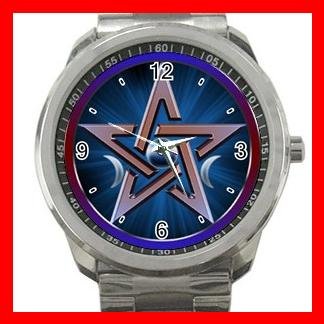 Wicca Goddess Pentagram Moons Silvertone Silvertone Sports Metal Watch 036