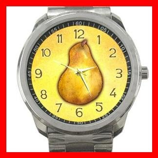 Yellow Pear Fruit Silvertone Sports Metal Watch 042