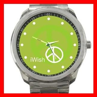 I Wish Peace Symbol Green Silvertone Sports Metal Watch 047