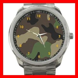 ARMY WOODLAND CAMO CAMOUFLAGE Silvertone Sports Metal Watch 052