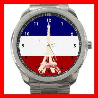 Paris Eiffel Tower French Flag Silvertone Sports Metal Watch 055