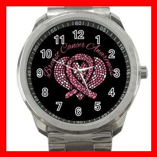 Breast Cancer Mosaic Heart Silvertone Sports Metal Watch 060