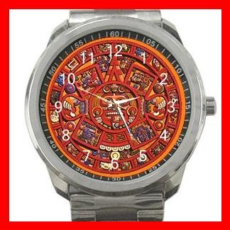 Orange Mayan Calendar Silvertone Sports Metal Watch 063