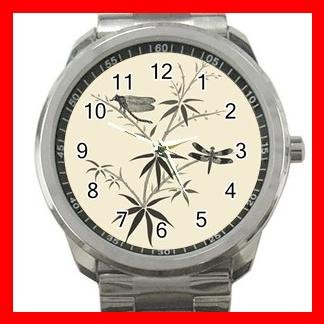 Dragonflies On Bamboo Silvertone Sports Metal Watch 067