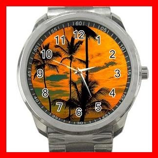 Sunset Beach Palm Tree Silvertone Sports Metal Watch 072