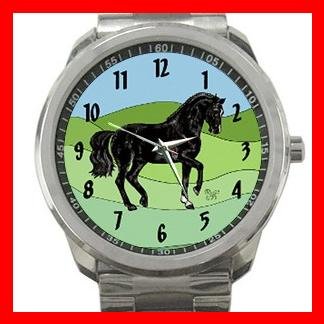 Black Horse Animals Horses Silvertone Sports Metal Watch 097