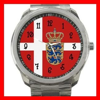 Danish Flag Nation Patriotic Silvertone Sports Metal Watch 124