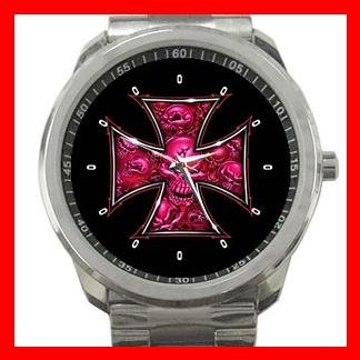 PINK SKULLS CROSS SKELECTON Silvertone Sports Metal Watch 152