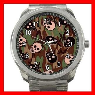Skulls Skelecton Camo Army Fun Silvertone Sports Metal Watch 153