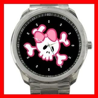 PINK GIRLY SKULL SKELECTON FUN Silvertone Sports Metal Watch 156