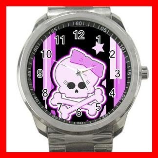 PURPLE GIRLY SKULL SKELECTON Silvertone Sports Metal Watch 157