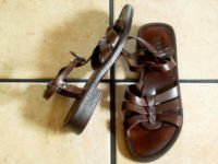 BASS AUDREY BROWN DISTRESSED LEATHER WEAVE SANDALS