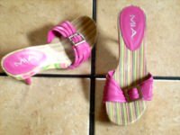 MIA PINK LEATHER/WOOD HEELED BELTED JEWELED SANDALS