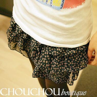 Lovely chiffon floral ruffle black mini skirt - small