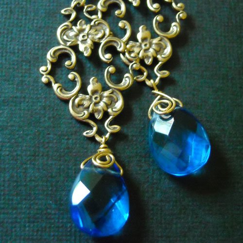 Sky vintage golden brass blue quartz filigree drop earring