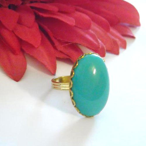 Bold Vintage Turquoise CAB GLASS adjustable golden Brass ring