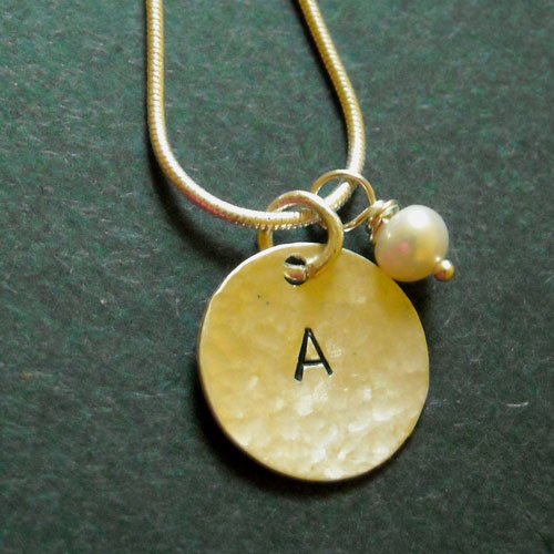 Sterling silver hammered intial A disk pearl pendant necklace