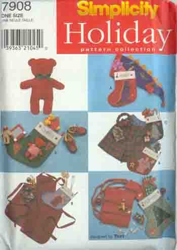 Simplicity Pattern 7908 Christmas Stockings Gifts Boxer Shorts Bear Apron Scarf Hat Appliques