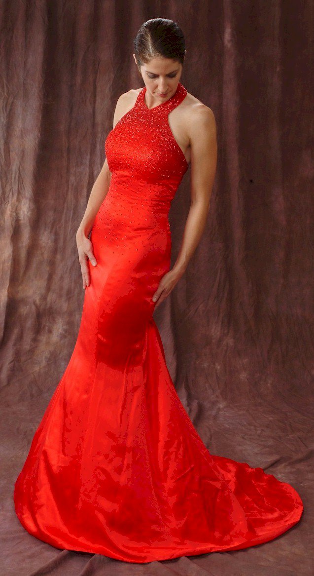 x #1015 - Beaded Red Evening Gowns, halter Formal Dresses