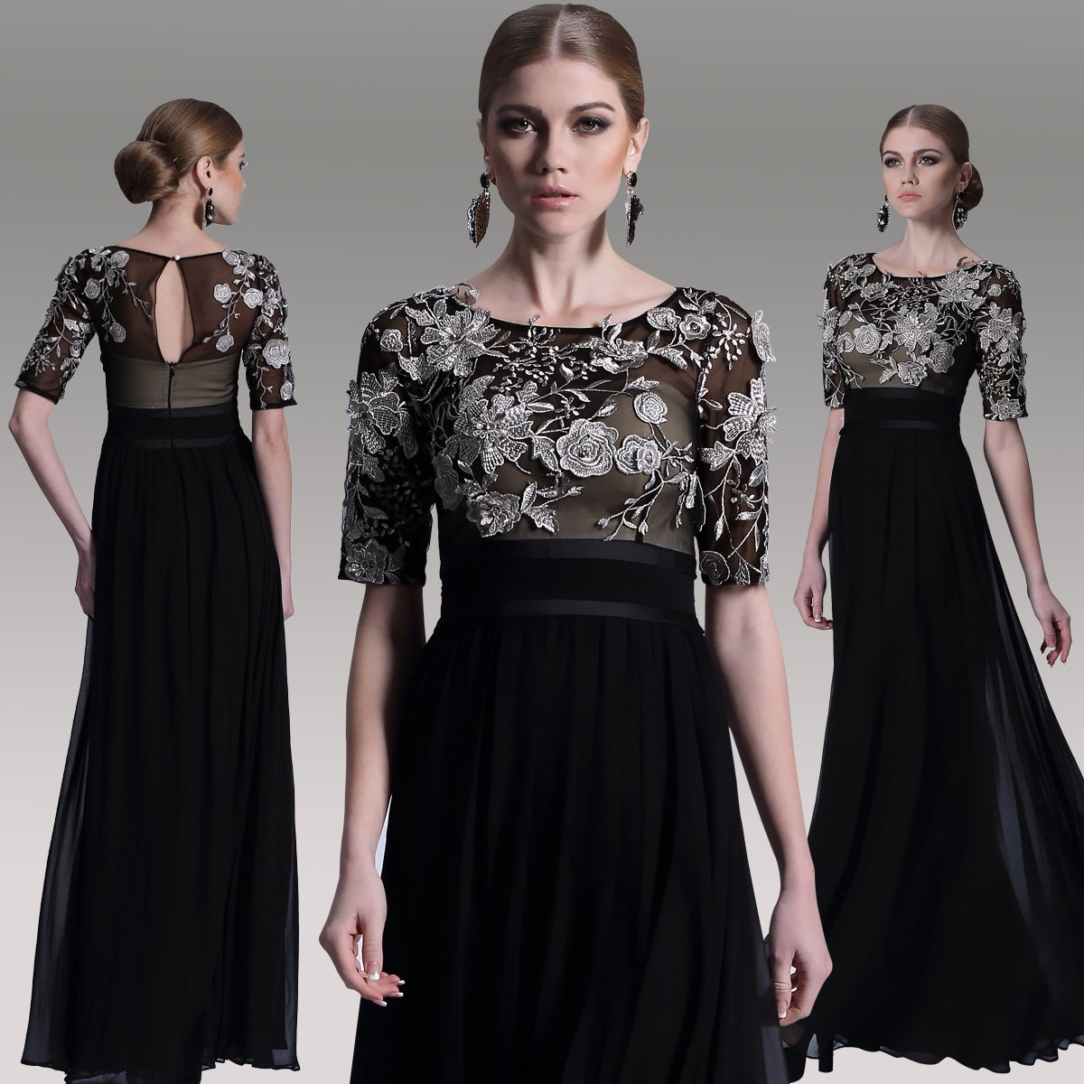 #F30968 - Short Sleeve Black Lace Mother of Bride Gowns - x Fashion