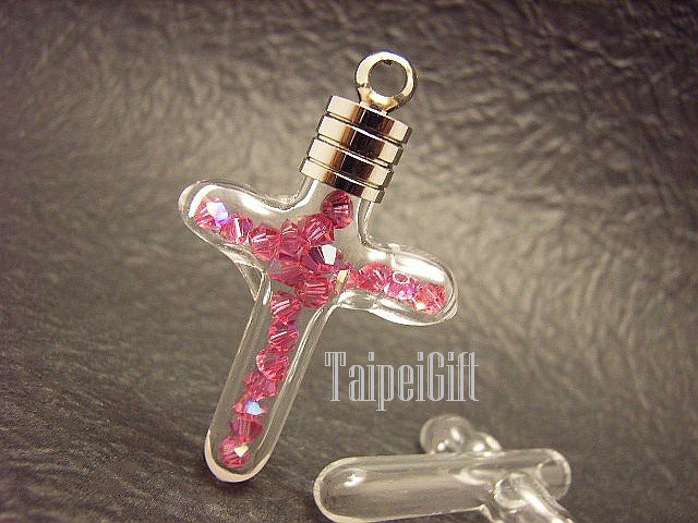 Swarovski Crystal Rose AB in Cross Glass Mini Bottle Vial Charm Pendant