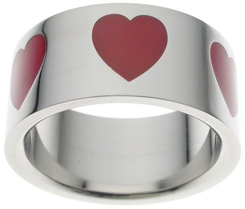 High Polish Steel Poker Red Enamel Heart Ring (any size)