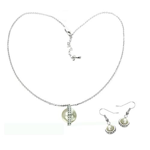 18K White Gold Plated Pearl Genuine Swarovski Crystal Necklace and Earrings Set