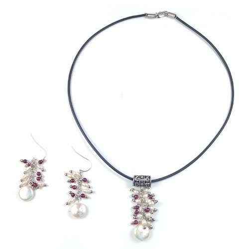 Genuine Pearl/Garnet Earrings and Leather Necklace 18 inches