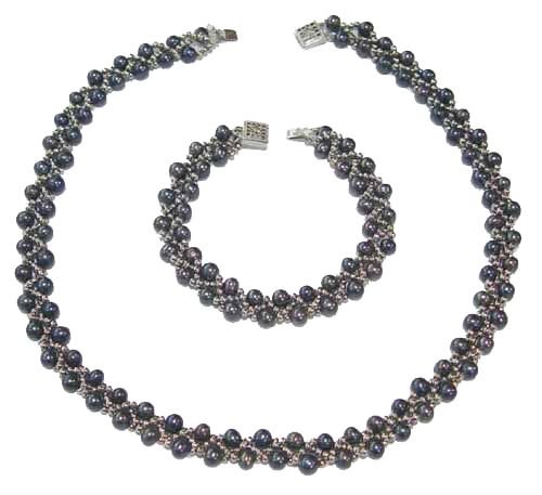 Genuine Black Pearl Latice Necklace and Bracelet Set