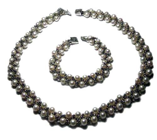 Genuine Pearl Latice Necklace and Bracelet Set