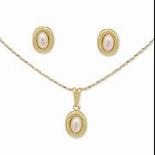 18K Solid Gold Laminated Copper Oval Pearl Necklace Earring Set