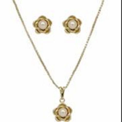 18K Solid Gold Laminated Copper Center Pearl Flower Necklace Earring Set
