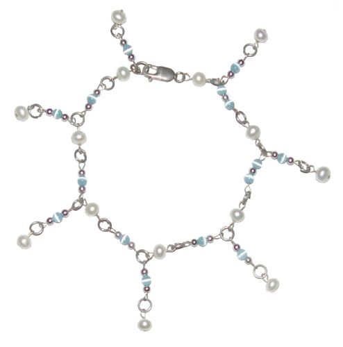 Genuine Pearl Cats Eye Sterling Silver Adjustable Anklet