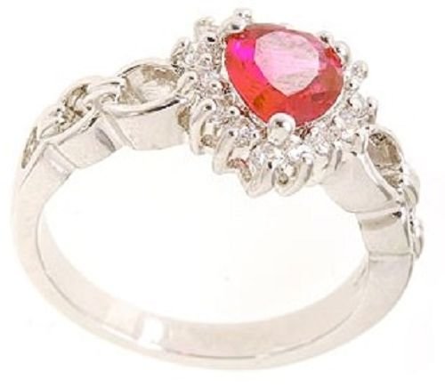 Rhodium Plated Brass Ruby Heart CZ Ring (any size)