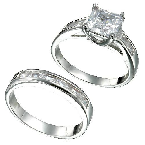 Rhodium Plated Sterling Silver Princess Cut CZ Bridal Ring Set(any size)